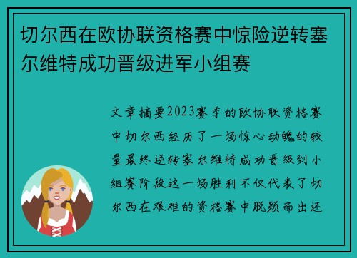 切尔西在欧协联资格赛中惊险逆转塞尔维特成功晋级进军小组赛